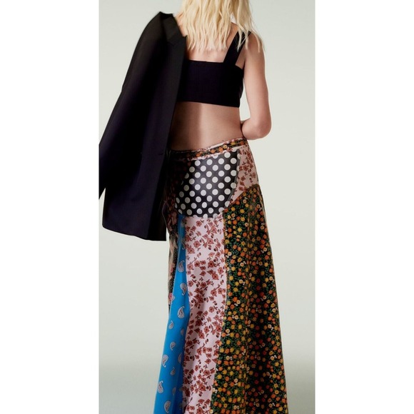 ZARA:s Unique Patchwork Maxi Skirt Boho Festival Floral Polka Dot Print Flowy - Picture 3 of 15